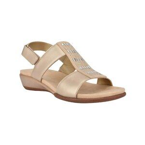 Easy Spirit Womens Gold Hazel Leather Embellished Wedge Sandal
